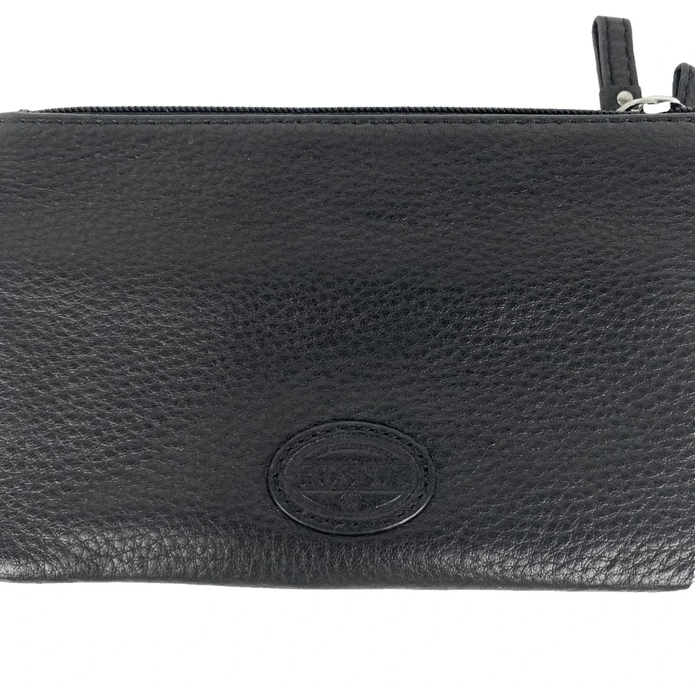 Fossil Leather Wallet Black Pebbled Zip Pockets LKNU